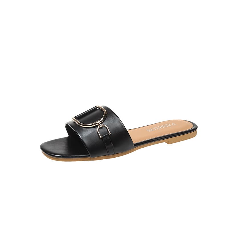 New Color Large Size Export Cross-Border Square Toe Metal Buckle Fluorescent Flat Slippers Women's Fashion Slippers