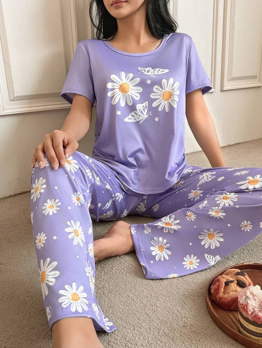 2026 Cross-border EU/US Shein Plus Size Women's Round Neck Short Sleeve 3D Print Pajama Homewear Long Pants Set