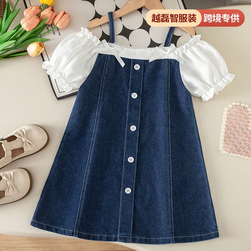 Cross-border girls' denim patchwork dress, children's off-shoulder puff sleeve suspender dress, sweet style single-breasted A-line skirt