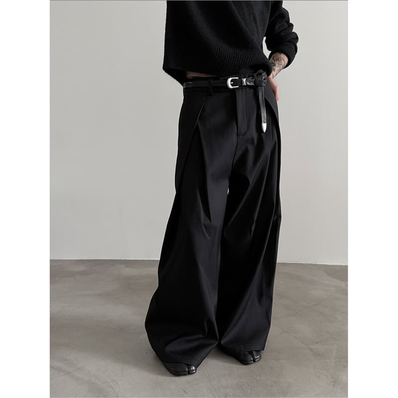 Dark Pleated Design Suit Pants for Men, Versatile Streetwear Casual Wide-Leg Pants with Flowing Dropped Hem