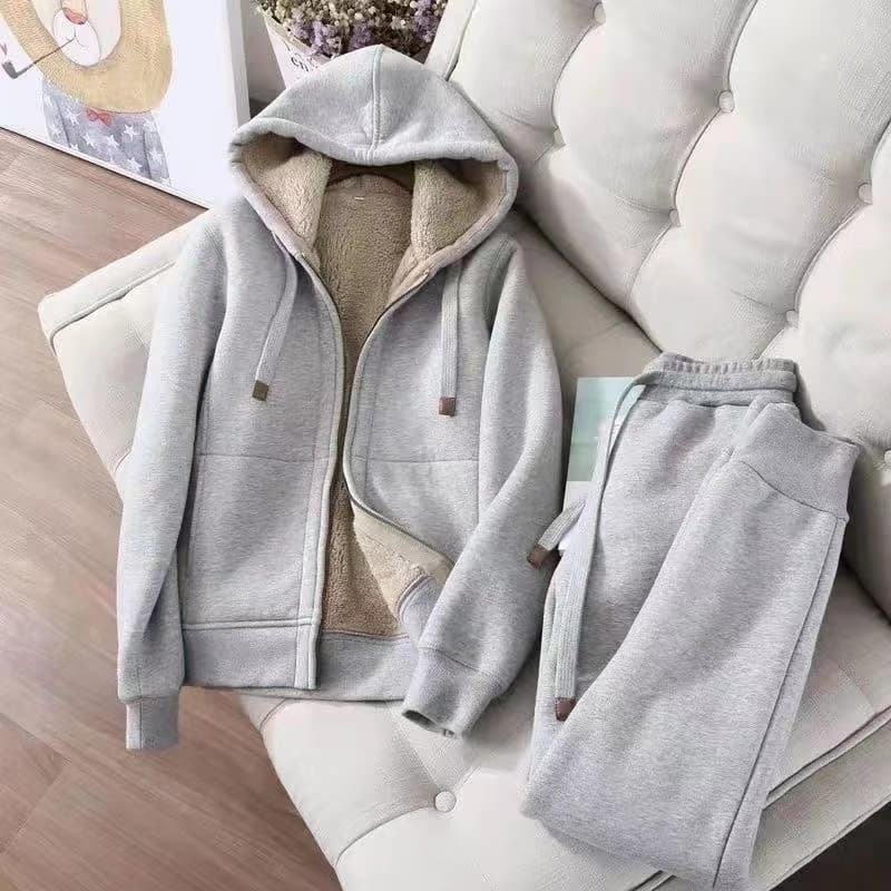 Women's Casual Sportswear Set Zip-Up Solid Color Jacket Autumn Winter Korean Style Plus Size Students Fleece-Lined Thickened Hooded