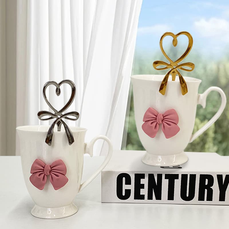Exquisite Creative Gold-Plated Silver Heart Bow Stainless Steel Coffee Spoon Stirring Spoon Dessert Spoon Milk Tea Yogurt Spoon