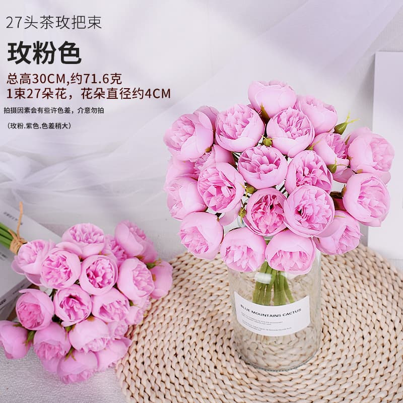 Manufacturer offers 27-head artificial tea rose bouquets, bundles of peony, rose, and camellia flowers, wholesale peony and artificial flower bouquets.