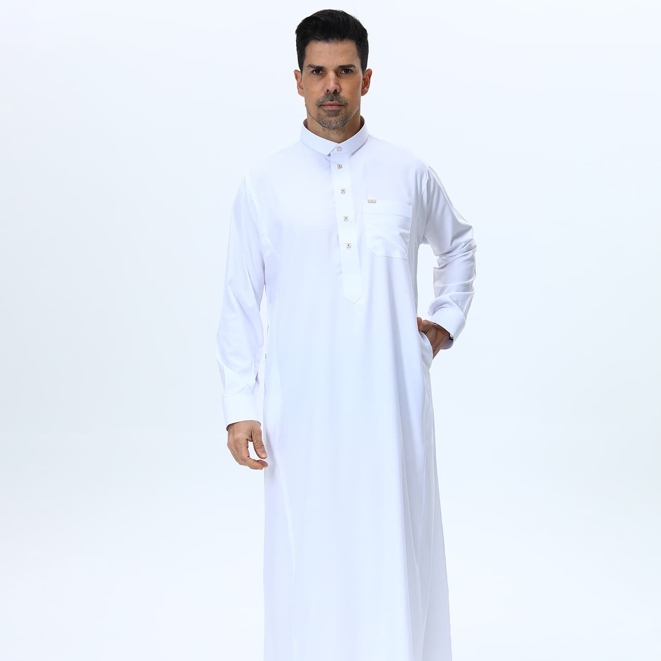 FN209-07 Men's Stand Collar Half-Open Loose Straight Long Robe, Simple and Stylish, Suitable for Daily Commute