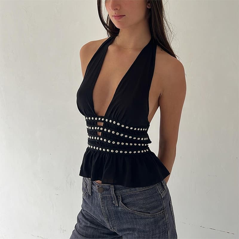 European and American Foreign Trade New Women's Wear Neck Deep V Hot Nail Backless Strap Fashionable Sexy Spice Girdle Top Vest