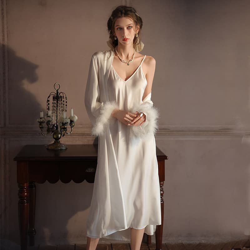Women's Ice Silk Premium Sensual Long Sleeveless Nightgown Wedding Bride Morning Robe Ostrich Feather Loungewear