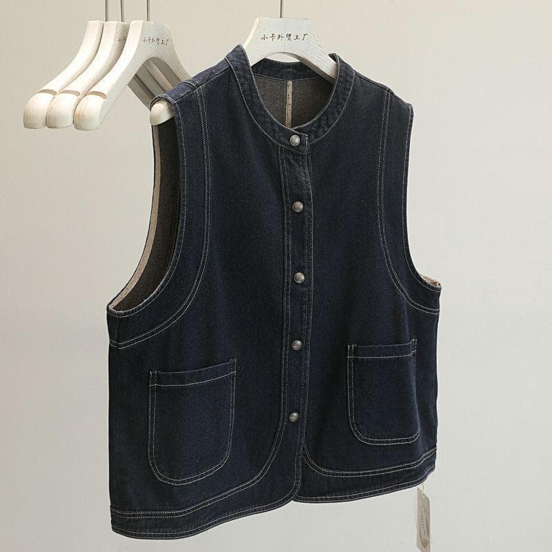 Get both colors! Korean style new round neck denim vest for women, retro loose fit, layered vest.