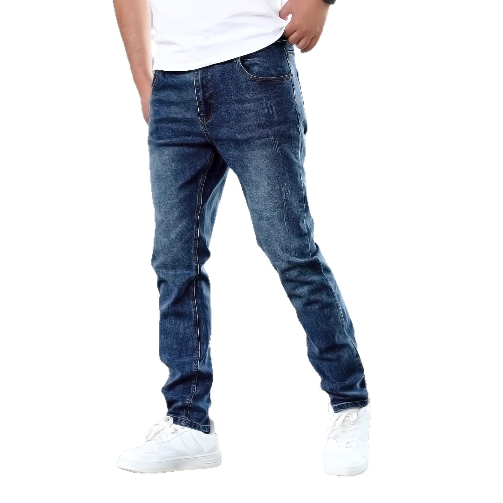 Men's straight-leg, mid-stretch denim jeans, style, cycling trousers, street style, dark blue denim trousers.