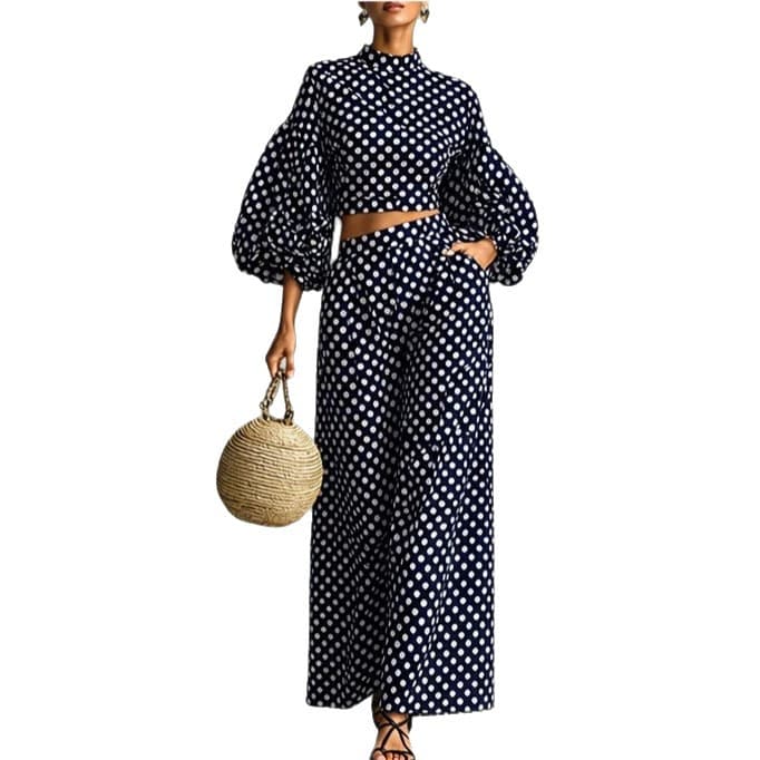 2026 Cross-Border Autumn European and American Women's Polka Dot Puff Sleeve Crop Top High-Waist Wide Leg Pants Fashion Two-Piece Set