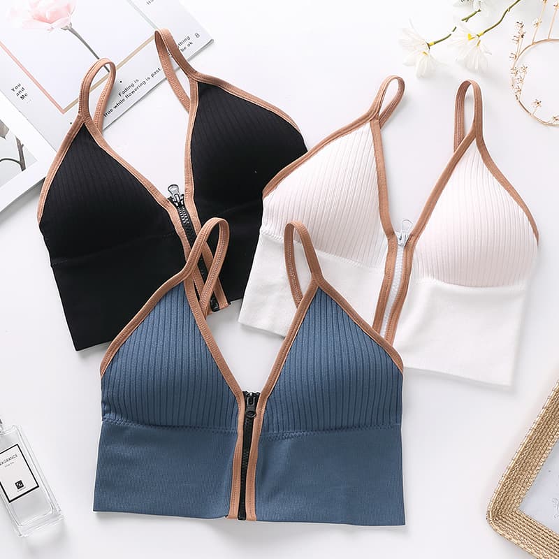 2021 Deep V Front Zipper Backless Bustier Push-Up Bra for Small Busts Anti-Exposure Spaghetti Strap Vest Summer Zipper Bustier