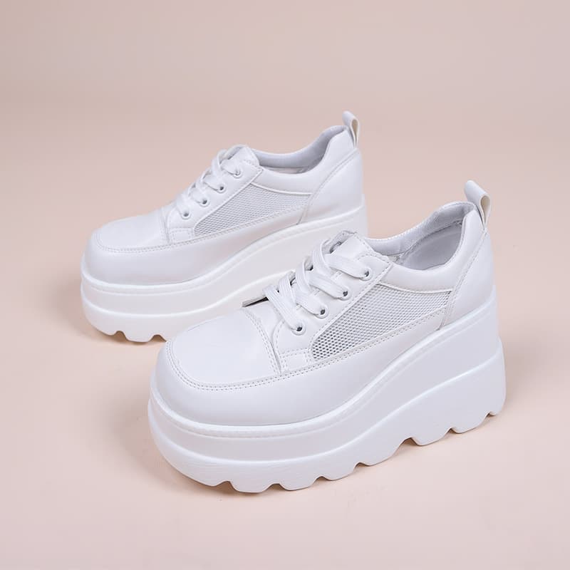 Breathable Lace-up High Heel Thick Sole White Sneakers Women 2025 Spring New Korean Style Platform Shoes Plus Size