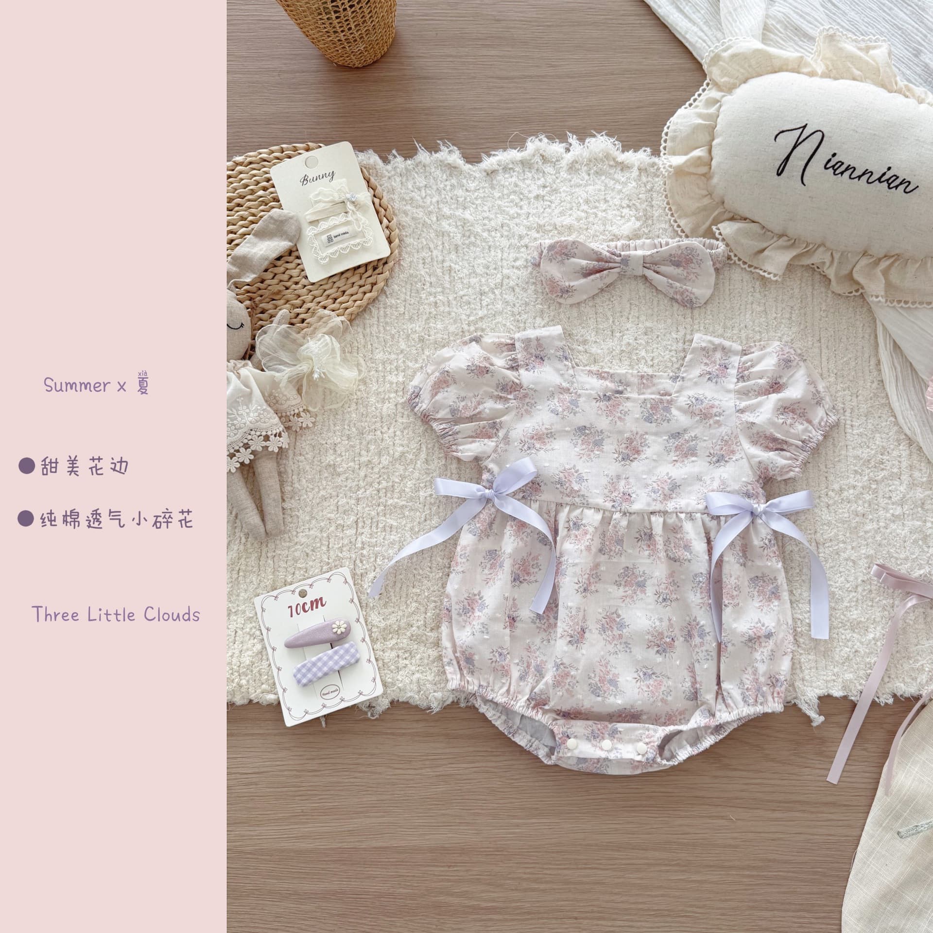 Infant Girl Summer Floral Satin Bow Bodysuit with Headband