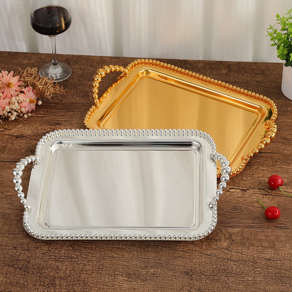 New Handheld Tray Decoration Metal Silver-Plated Bead Square Tray Fruit Plate Baking Cake Tray Factory Wholesale