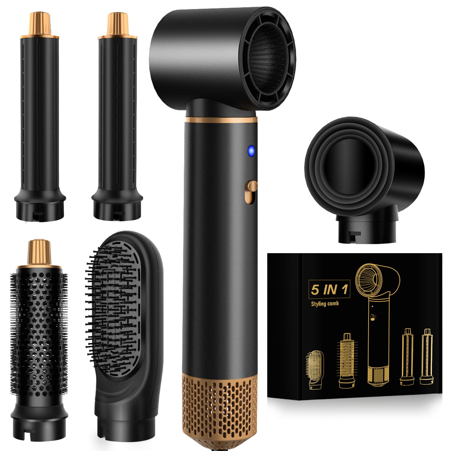 Cross-Border Bestseller Multifunctional 5-in-1 Hot Air Brush Home Negative Ion Hair Dryer Roller Comb Styling Straightening Curling Iron