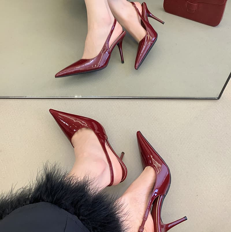 Pointed Toe High Heels for Women 2026 Spring Summer Sexy Red Patent Leather Back Strap Shallow Mouth Thin Heel Pumps Closed Toe Shoes