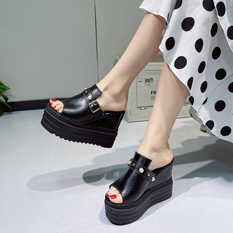 2026 Summer Cross-Border Plus Size Sandals Women's Wedge Heel Pearl Half Slippers Super High Heel 12CM Platform Peep Toe Shoes