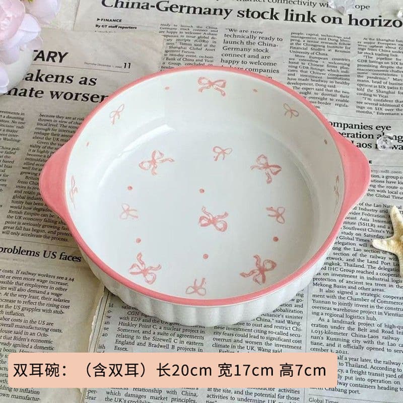 Cute Ins Bowknot Bowl and Plate Set, Ceramic Tableware, High Appearance Yogurt Bowl, Ramen Bowl