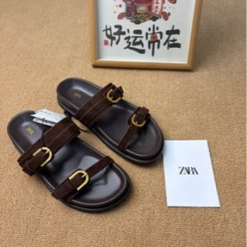 ZA 2026 Summer New Women's Shoes, Brown Retro Buckle Flat Casual Fashion Sandals, Versatile