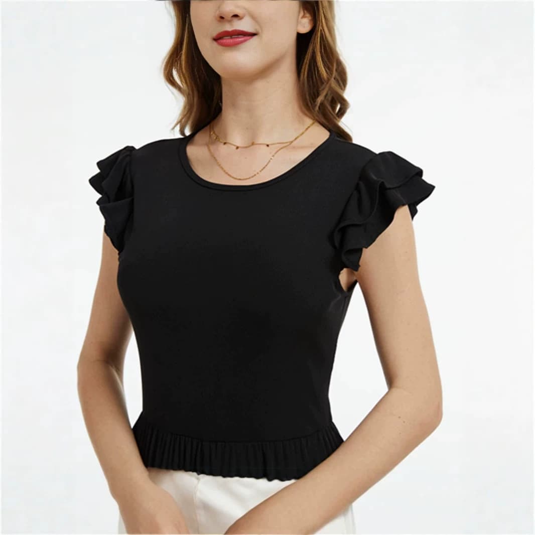Cross-Border Trade Jumpsuit with Ruffled Sleeves, Round Neck, Wide-Leg Knit One-Piece, European and American Commuter Style