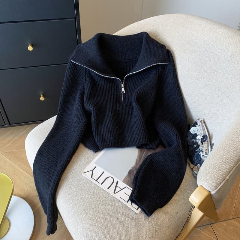 In Stock Real Shot Korean Style Zipper Short Knitwear Women Loose Fit Casual Turn-down Collar Sweater Jacket Top