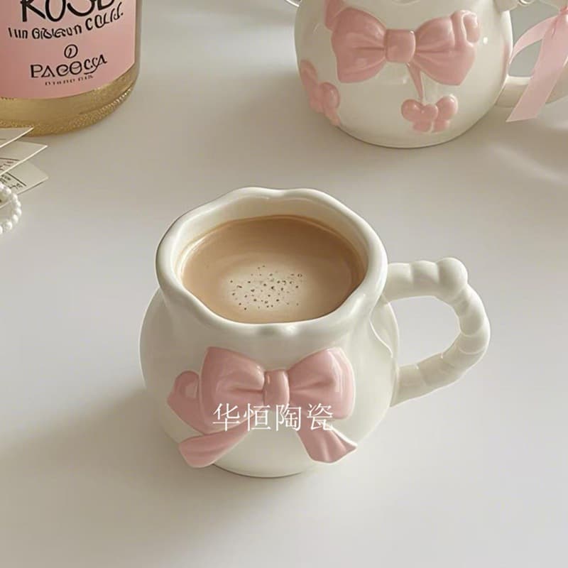 Factory Custom Bow Ceramic Coffee Cup Amazon Hot Selling Pink Bow Ceramic Milk Mug