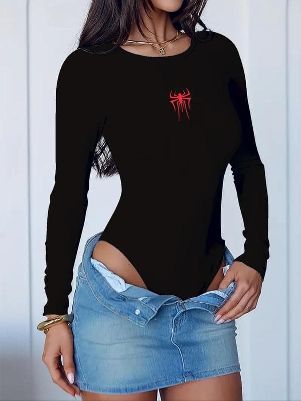 O 12956 Spider Print Slim Fit Long Sleeve Bodysuit with Spider Print