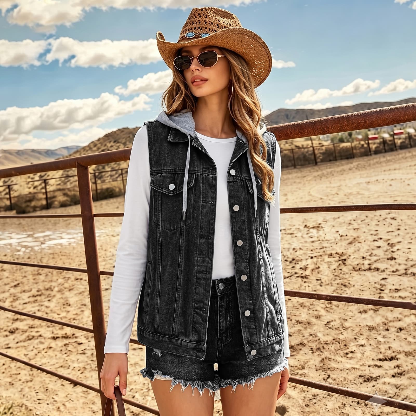 Overseas Amazon Hooded Detachable Denim Vest for Women, Single-Breasted Double Pockets Washed Layering