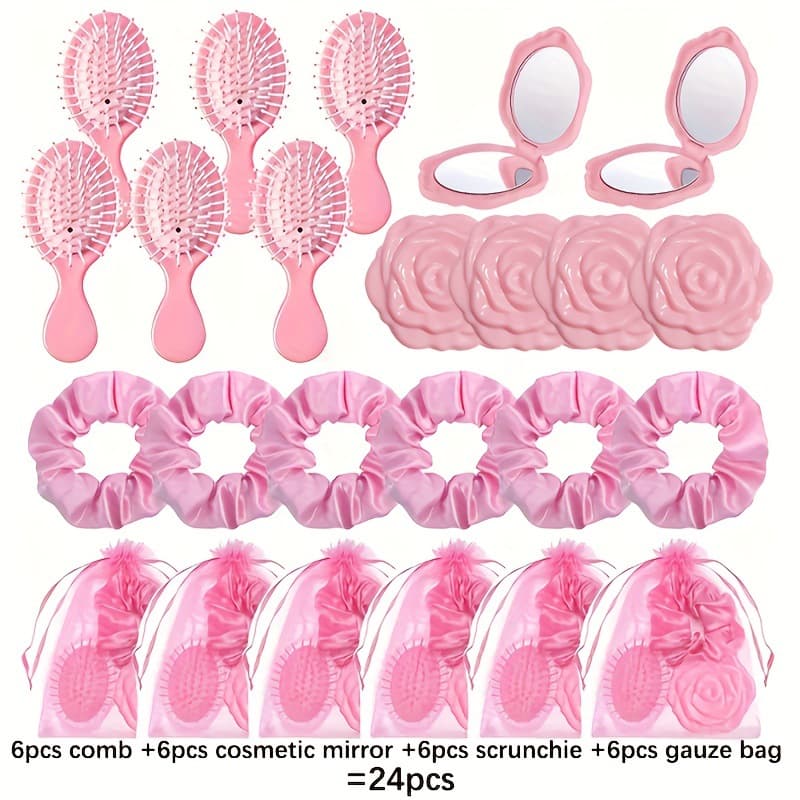Cross-border Rose Folding Makeup Mirror Comb Hair Tie Gauze Bag Set for Weddings, Bridesmaids, Party Gifts, Birthdays