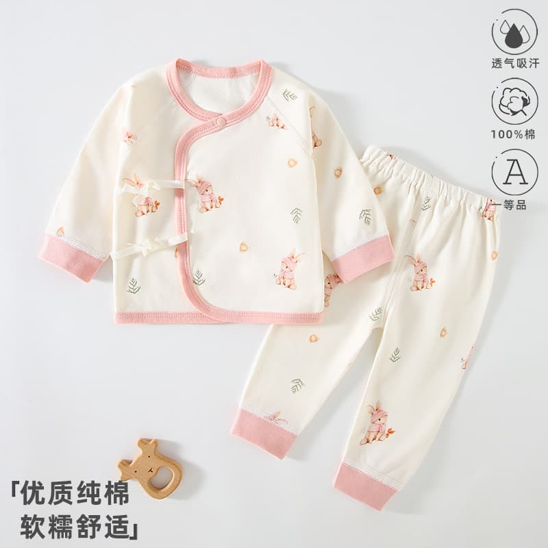 Baby Separates Set, Infant Long-Sleeve Undershirt and Pants, Pure Cotton Newborn Clothing, Spring and Fall Seamless Wrap Bodysuit with Ties
