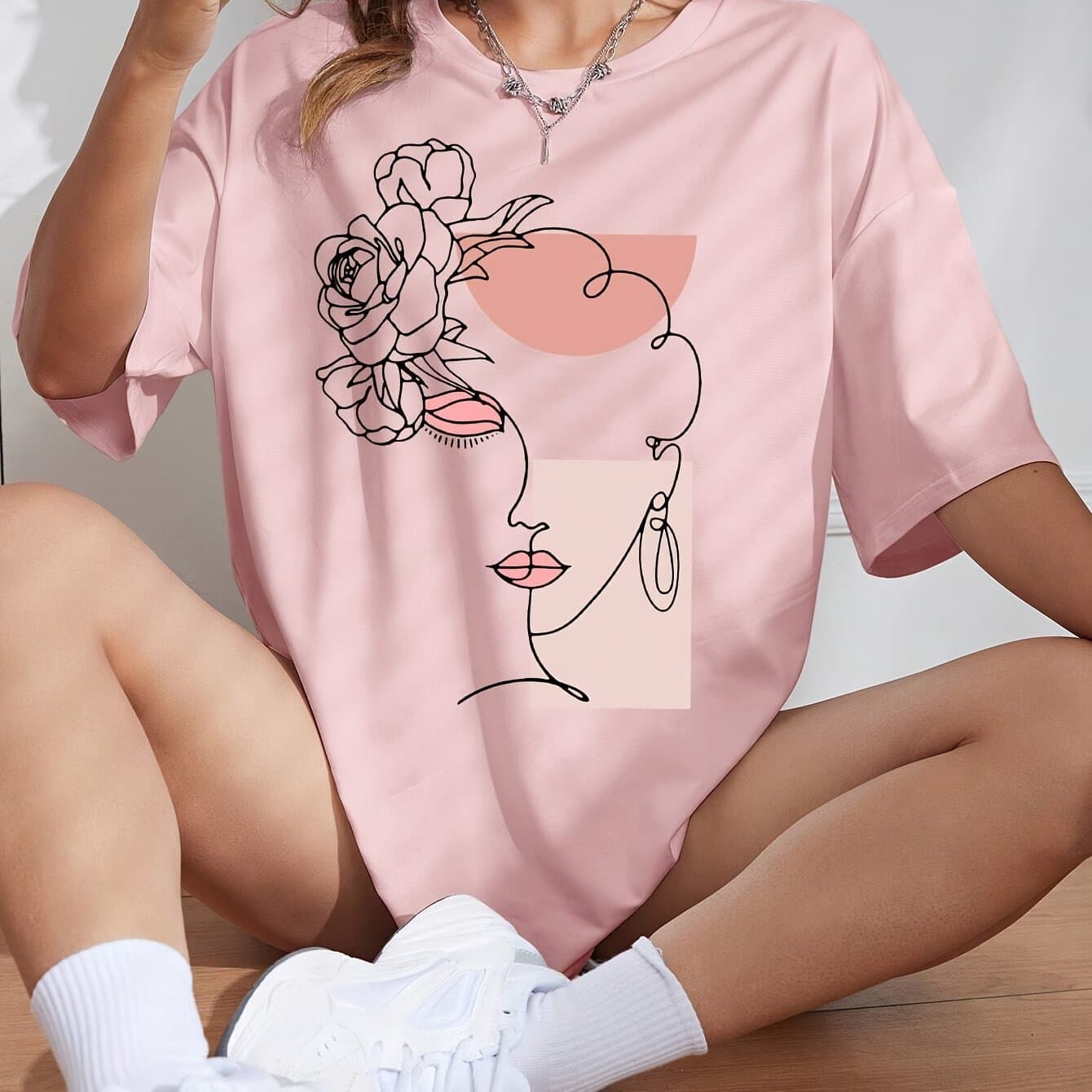 Cotton T-Shirt New Fashion Printed Round Neck Drop Shoulder Short Sleeve Oversized T-Shirt Pink Comfortable Casual