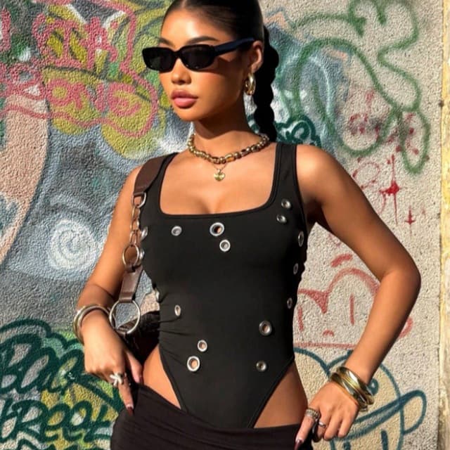 Metal Eyelet Sleeveless Solid Color Tank Top Sexy Slim Fit Punk Style Bodysuit Ins-Style Summer Fashion