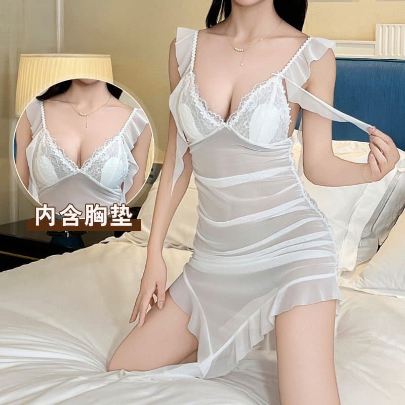 Sexy Sleep Dress with Padded Cups Sheer Mesh Slimming Backless Halter TikTok Style