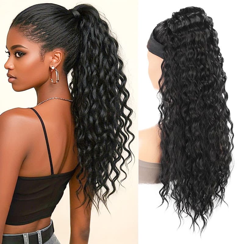 Cross-border Synthetic Fiber Ponytail Hairpiece, Drawstring Ponytail Curly Water Wave Ponytail 22 Inch Curly Ponytail