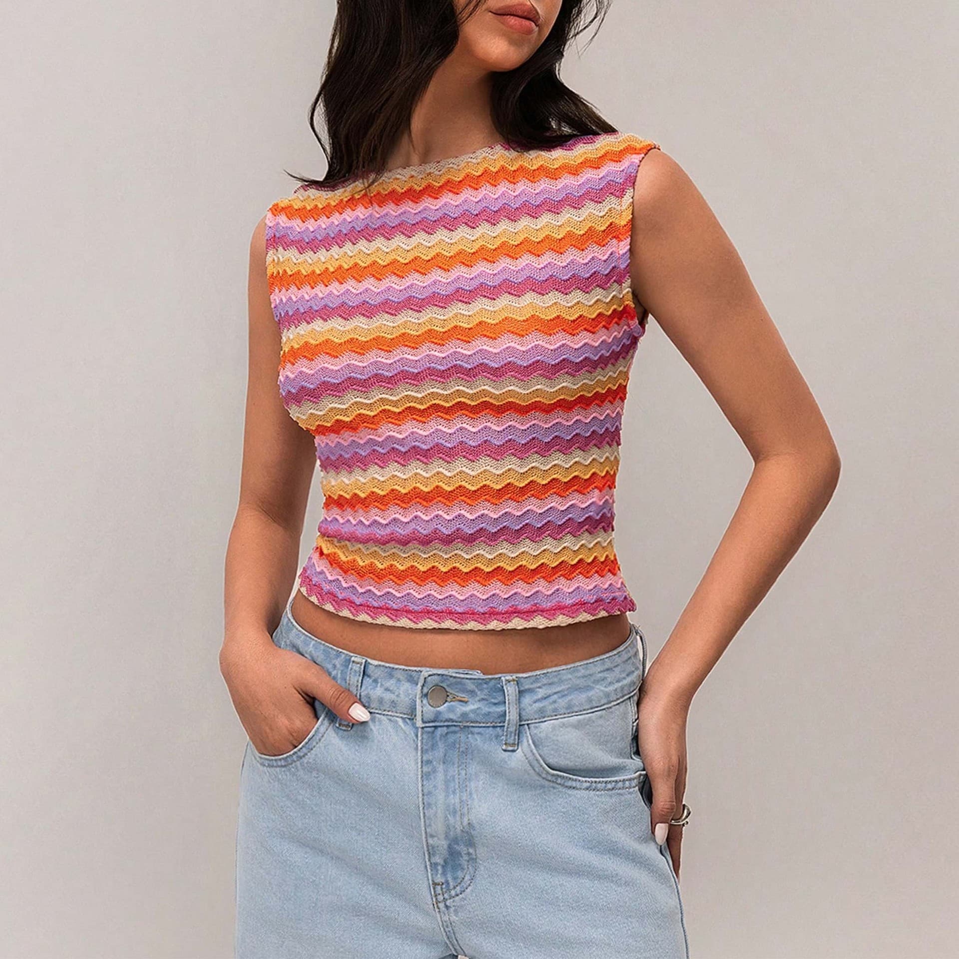 11935 Cross-Border European American Hot Amazon Summer New Knit Contrast Stripe Elegant High Elastic Vest