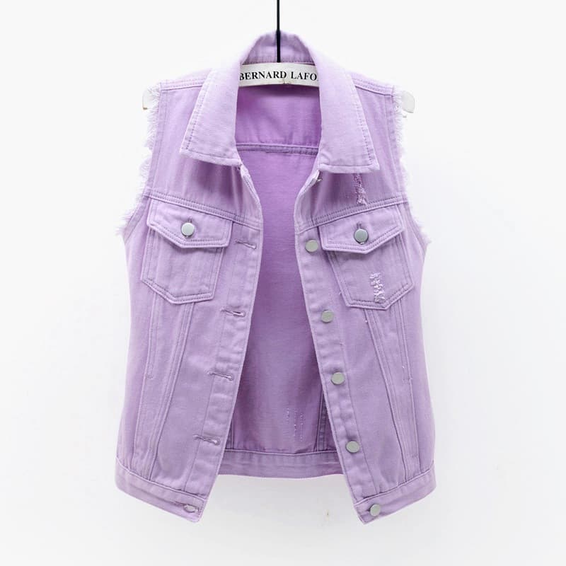 Multi-Color Denim Vest, Short, Spring Summer, Slim, Frayed, Sleeveless, Distressed