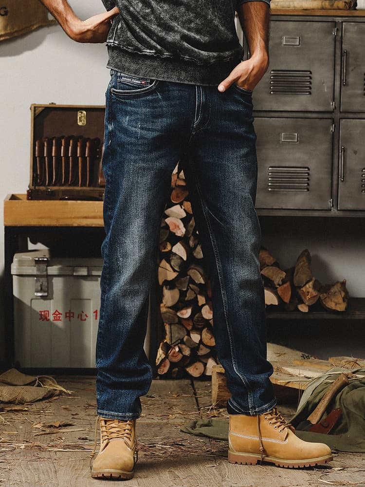 American classic retro 15 oz heavyweight fall jeans for men, straight leg, stonewashed, distressed, casual long pants.