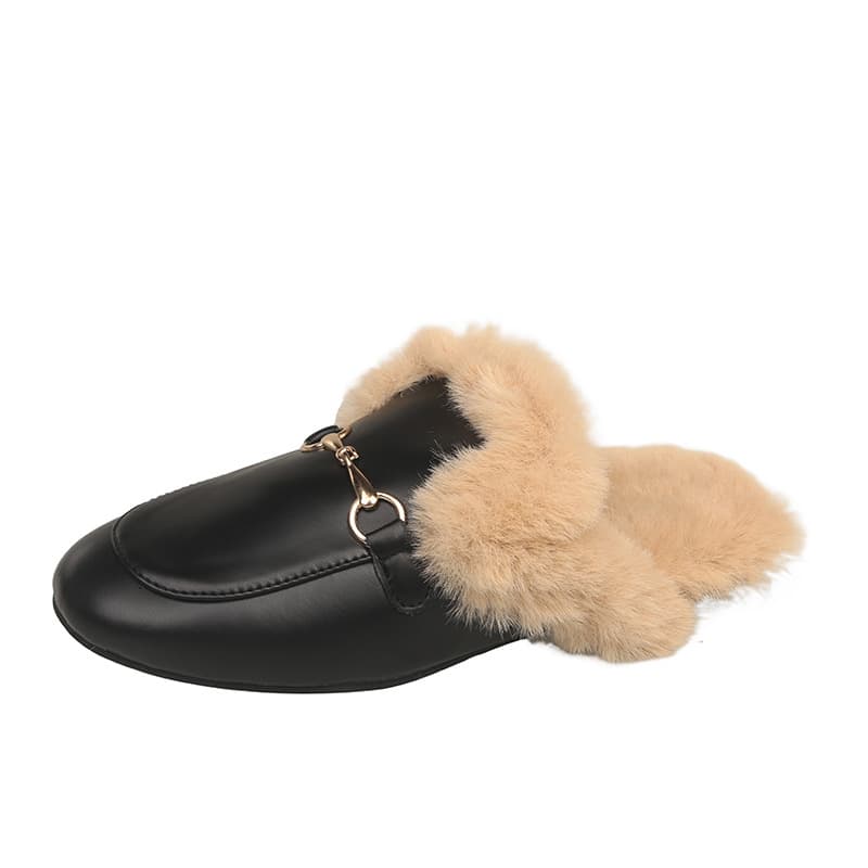 Women's fluffy slippers, autumn and winter mules, 2024 new style, trendy online style, rabbit fur closed-toe half slippers.