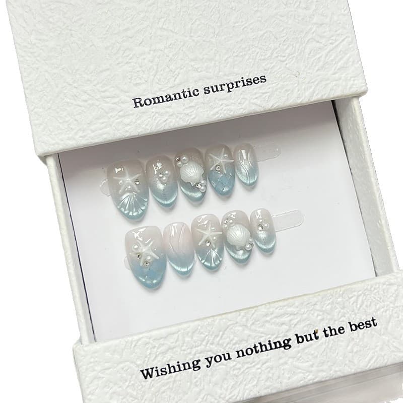 Blue ocean mermaid relief handmade nail art stickers, a popular style on Instagram.