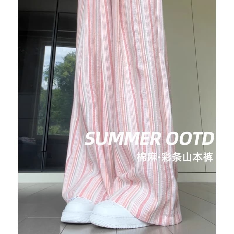 Pink Cotton Linen Stripe Pants Women Spring Summer Thin 2026 New Loose Lazy Draped Ice Silk Wide Leg Pants