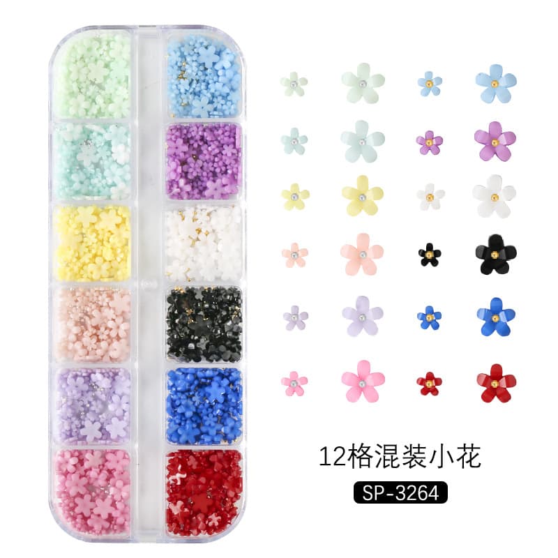6 grid nail ornaments resin mixed floret pearl steel ball Macaron candy color flower three-dimensional nail ornaments