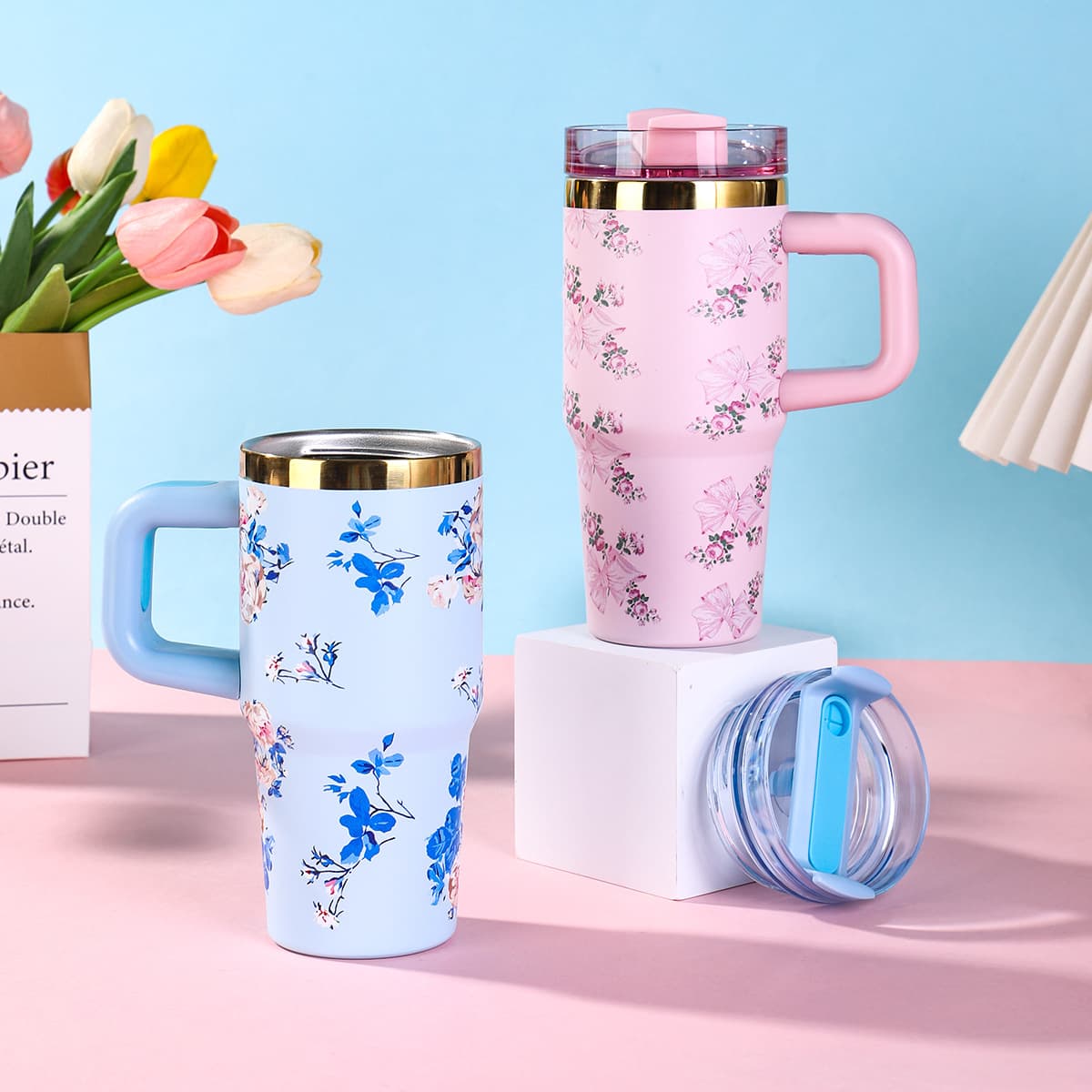 Amazon 14oz Floral Car Cup Double-Wall Stainless Steel Vacuum Insulated Mug with Handle Portable Car Straw Cup