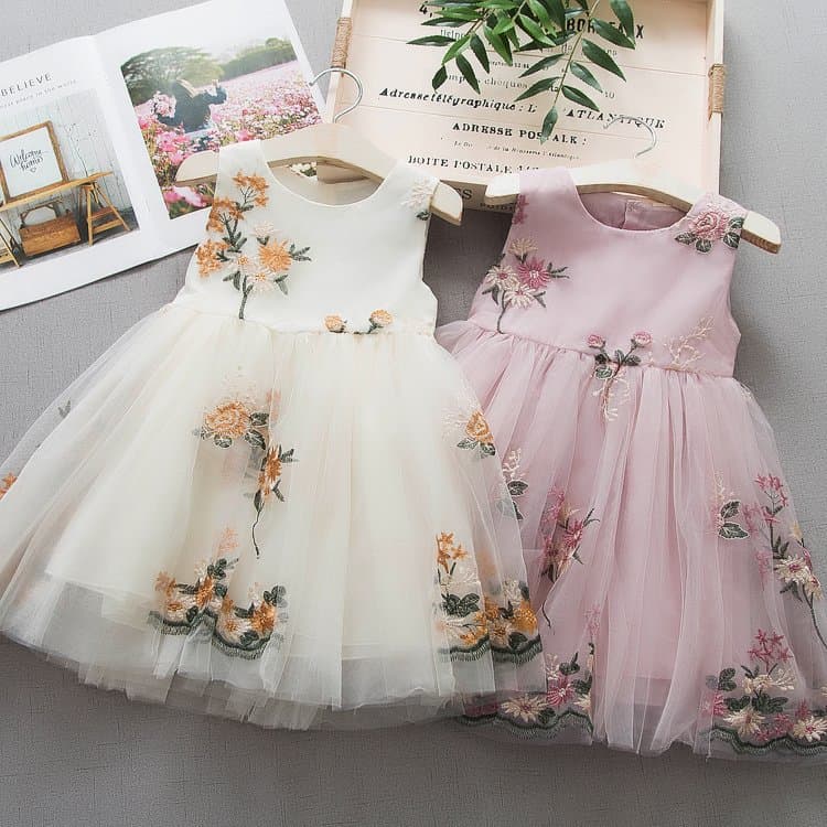 2026 Summer Baby Girl Dress Dropshipping - Solid Color Stylish Embroidered Flower Lace Tulle Dress for Toddlers
