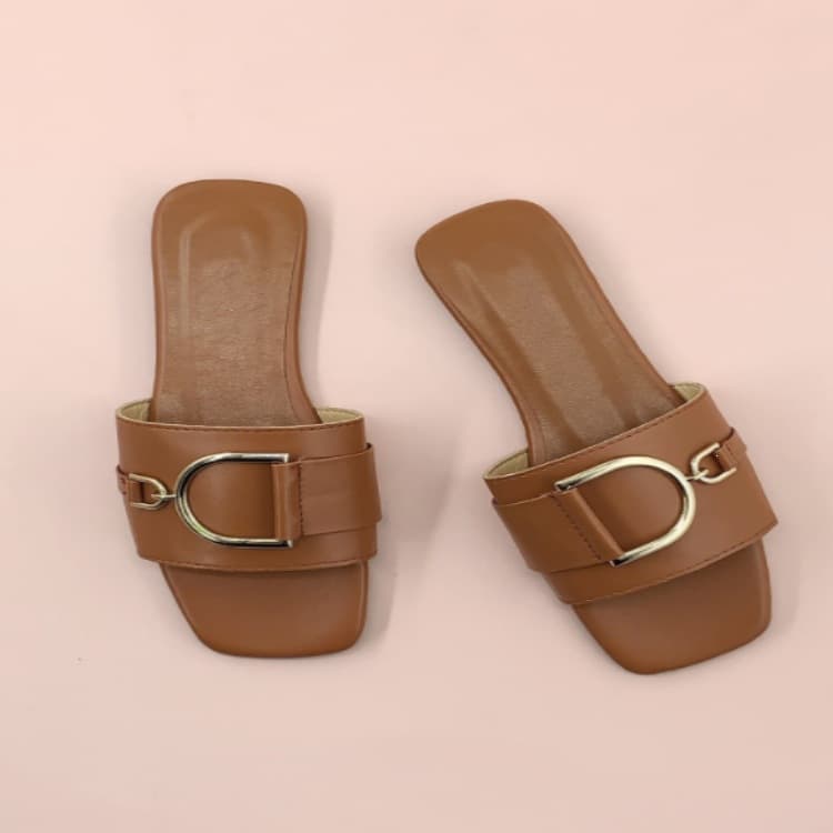 New Color Large Size Export Cross-Border Square Toe Metal Buckle Fluorescent Flat Sandals Women's Fashion White Yellow
