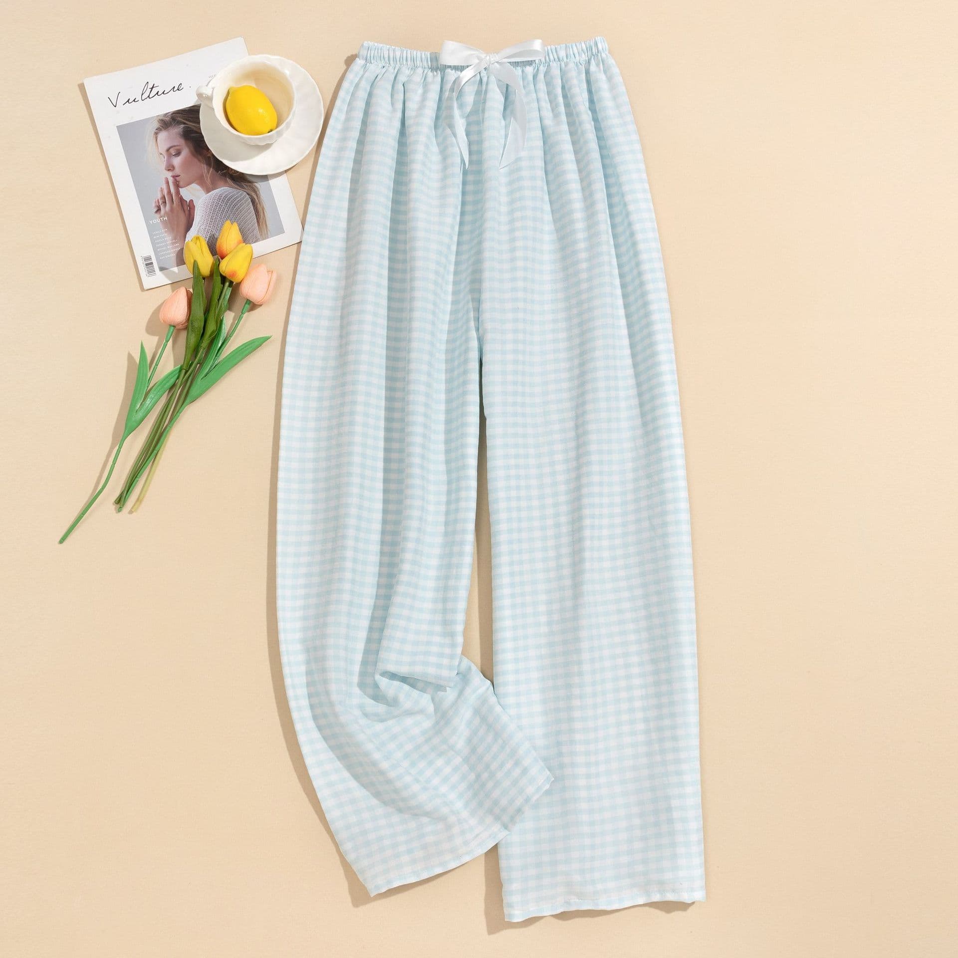 Cloud Cotton Pajama Pants for Women Summer New Plaid Home Pants Yarn-Dyed Check Wide Leg Pants Plus Size Wear-Out Long Pants