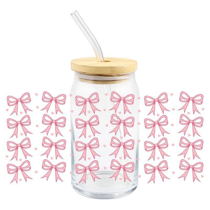 Bow UVDTF transfer printing crystal transparent sticker for glass cups, cute cartoon pink, cross-border wholesale
