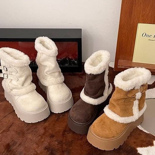 White Thick-Soled Snow Boots for Women 2025 New Winter Fleece-Lined Warm Fur Short Boots Height-Increasing Cotton Shoes for Petite Women