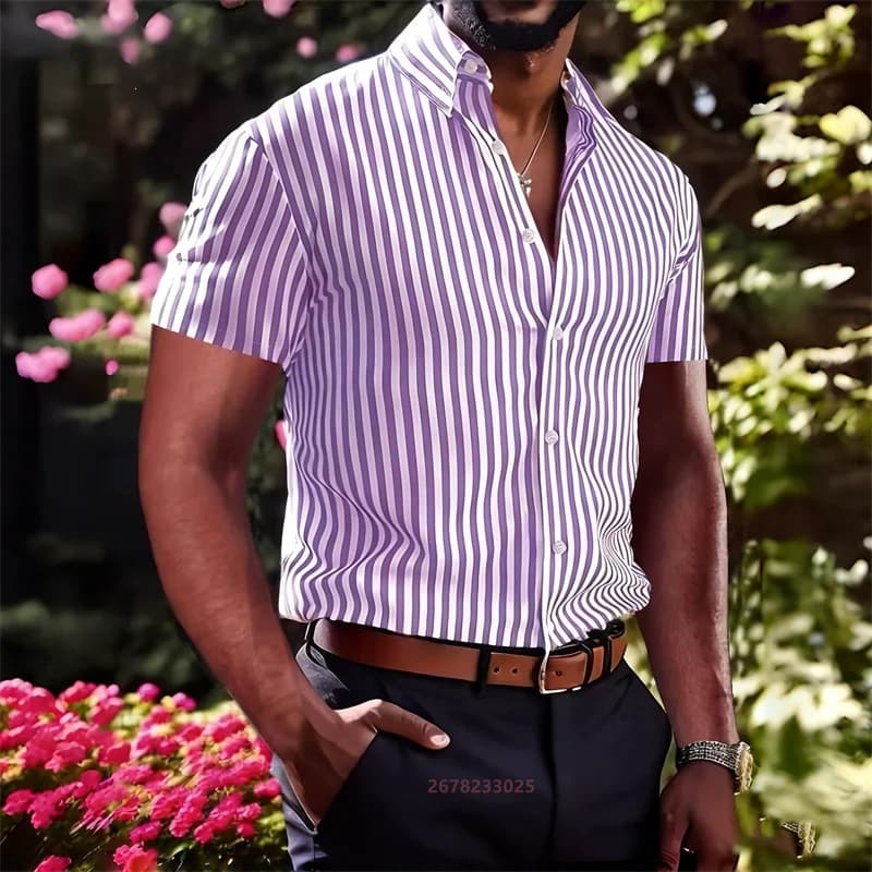 Men's Business Blue White Vertical Striped Short Sleeve Shirt Slim Fit Turn-Down Collar