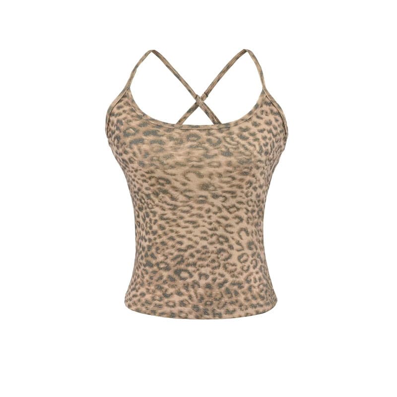 Women's Leopard Print Tank Top, Summer 2026 New Retro American Slim Fit Basic Stretch Outerwear Camisole Top