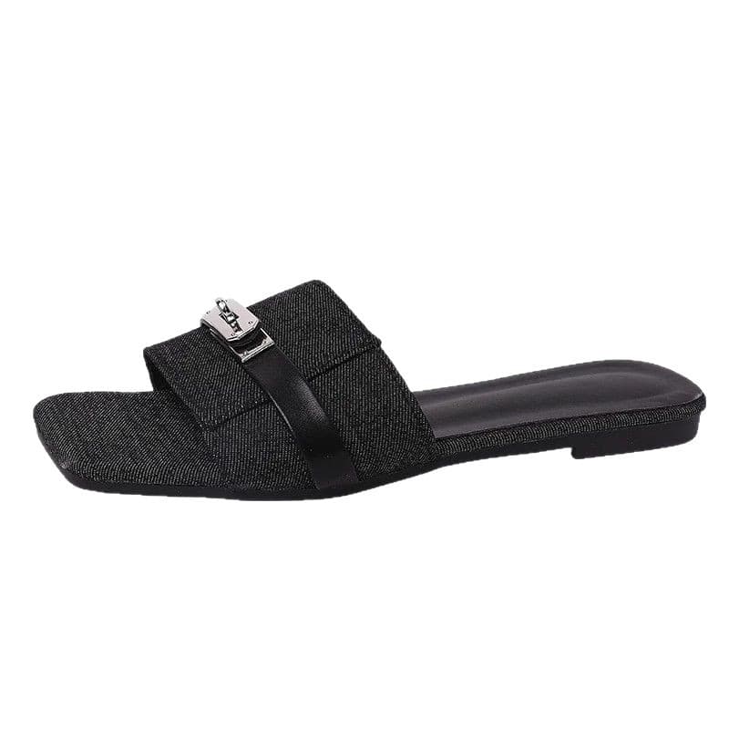Fashion Women's Flat Sandals Summer New Trendy Metal Buckle Square Toe Denim Casual Slide Sandals