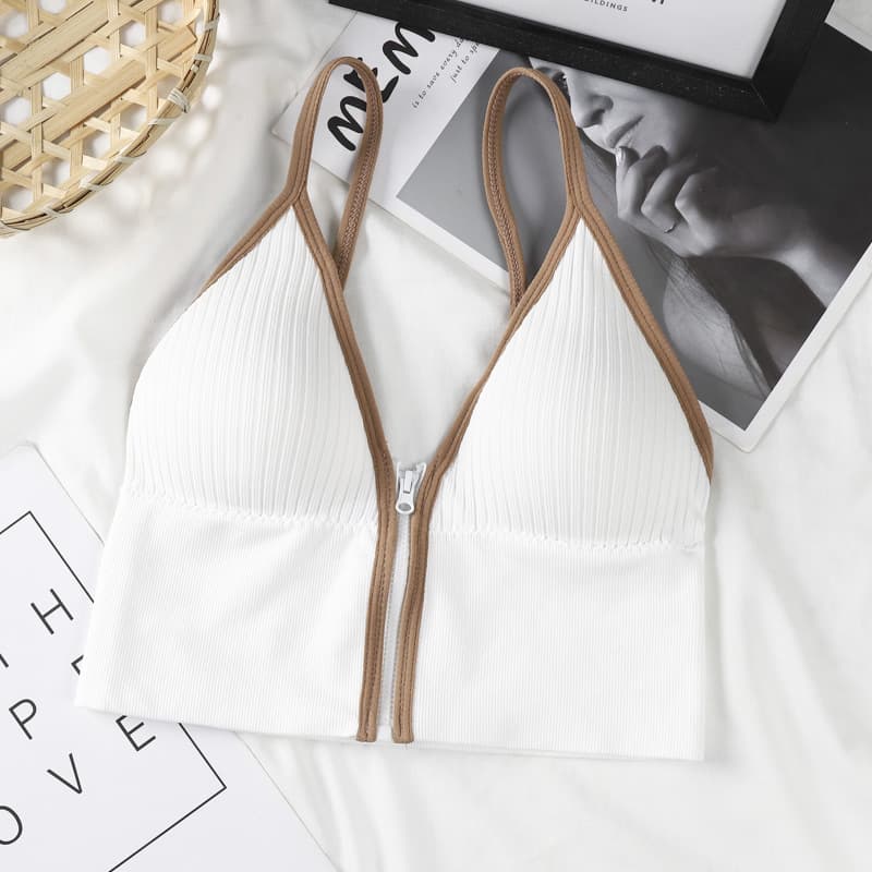 Deep V Zip Sports Backless Camisole with Padded Cups for Women, Push-Up Inner Vest, Strapless Bra Top